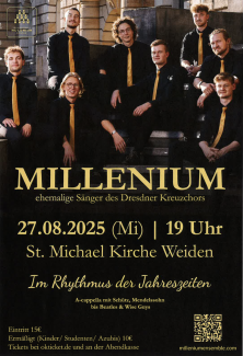 Plakat mit acht schwarz gekleidete Sänger mit gelben Krawatten